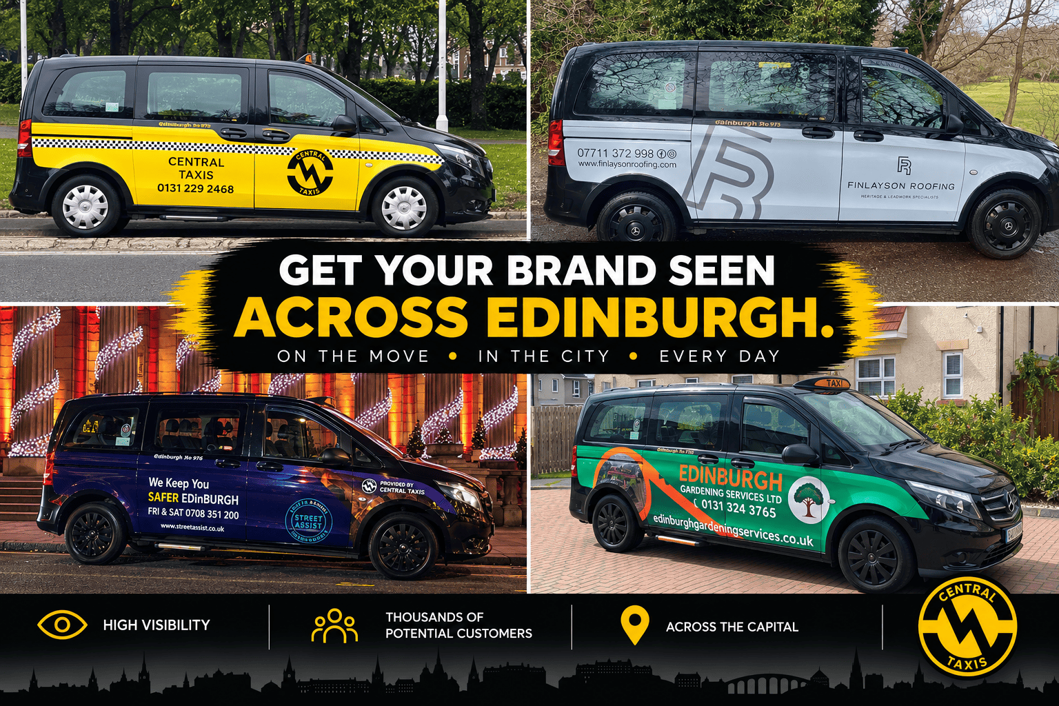 A variety of taxi adverts across Edinburgh